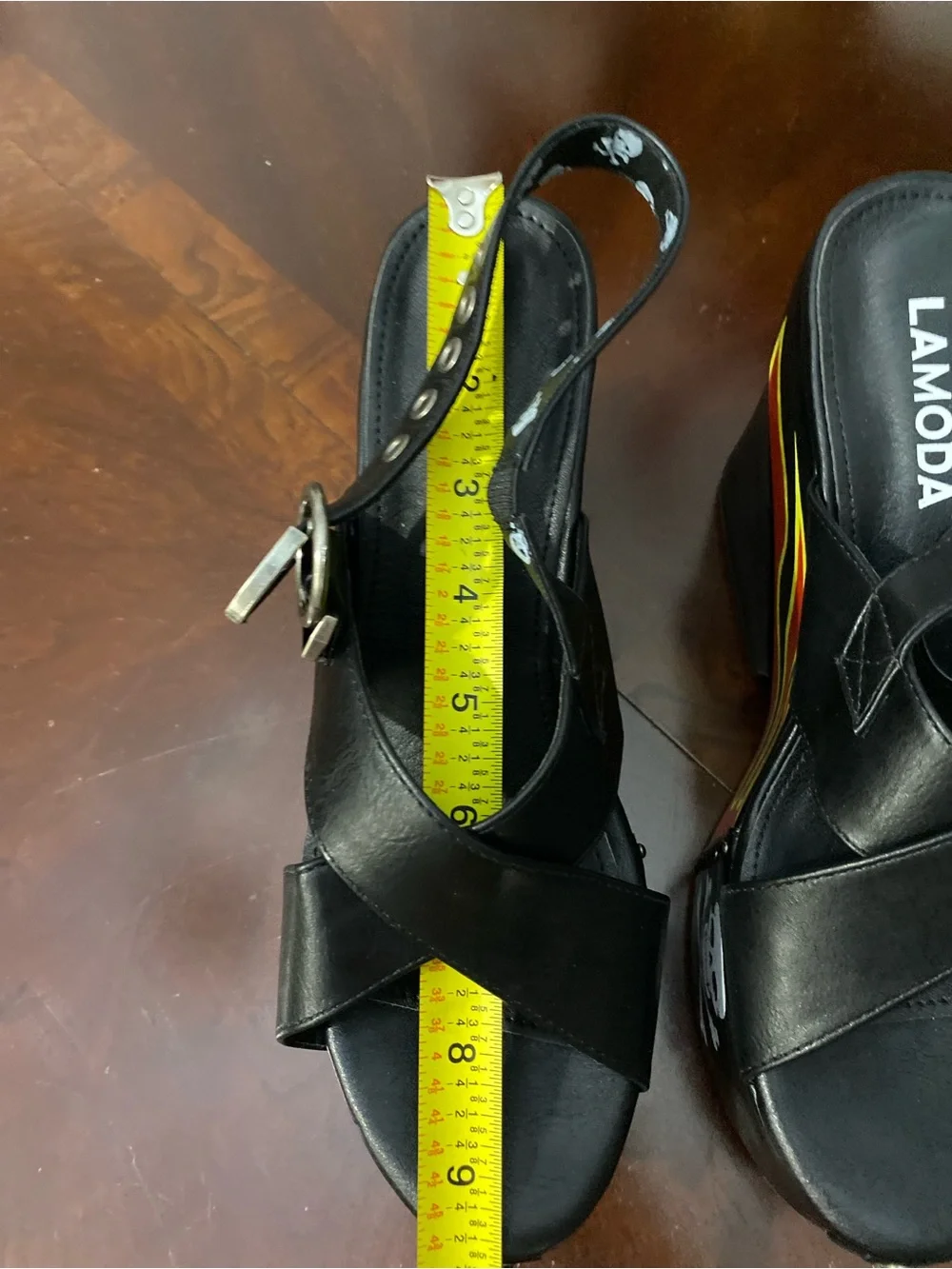Lamo Black Platform Sandals with Red & Yellow Flame and Skull Detail